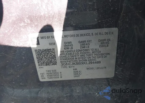 2019 Chevrolet Trax Ls из США, поврежденный, VIN 3GNCJKSBXKL294489